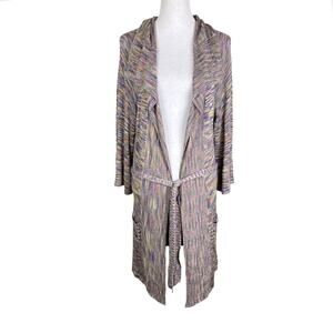 Stacia Bamboo Blend Knit Multi Color 3/4 Sleeve Belted Duster Cardigan Sweater